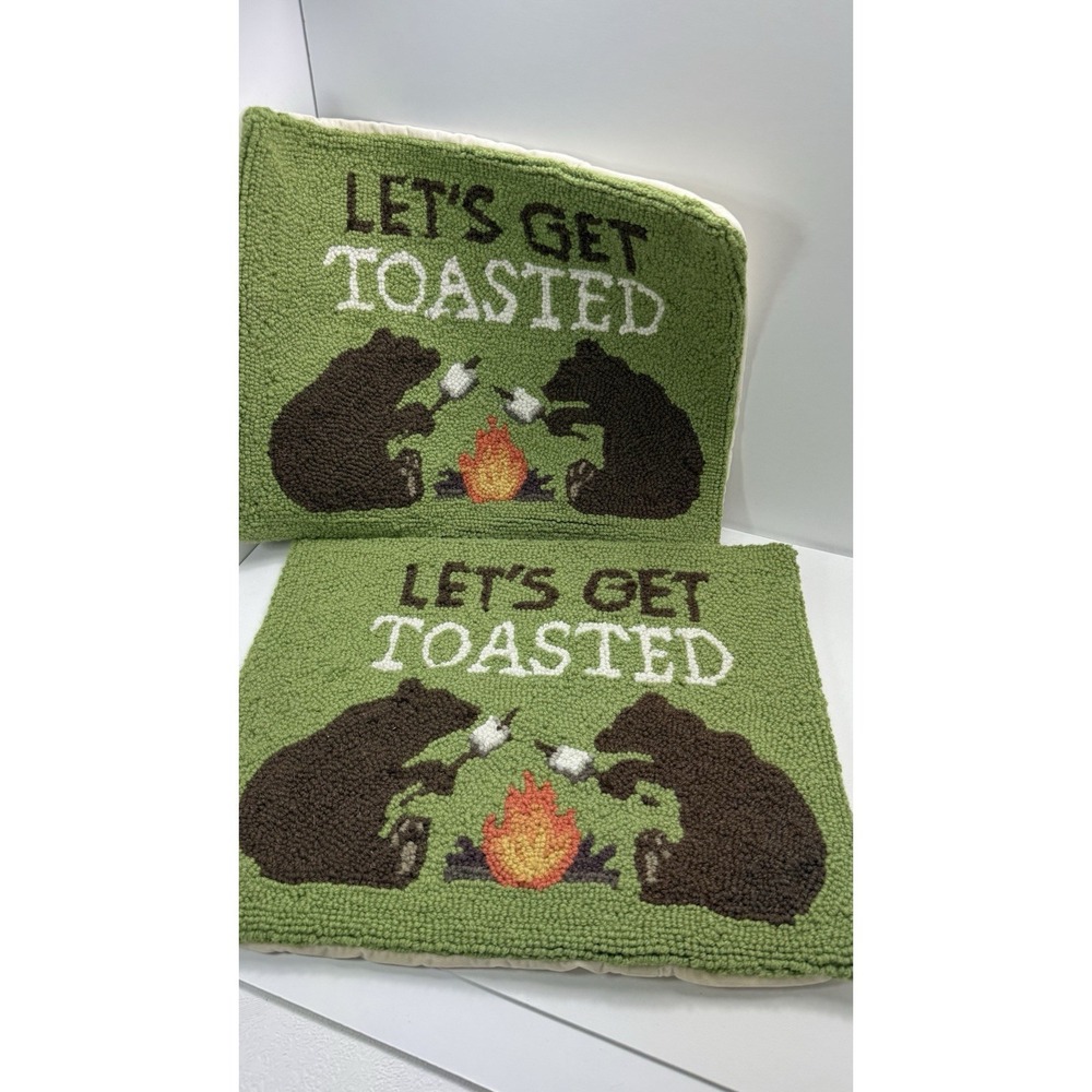 Peking Handicraft "Let's Get Toasted" Bear Campfire Hooked Two Pillow Shams Wool - Picture 2 of 12